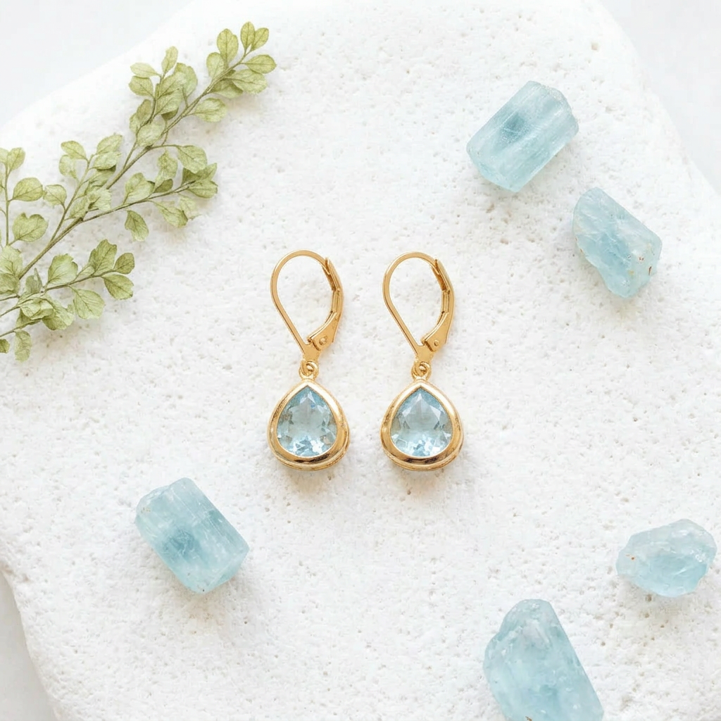 Gold Petite Pebble leverback earrings in aqua blue faceted glass, March birthstone colour