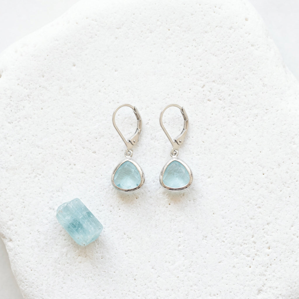 Silver Petite Pebble leverback earrings in aqua blue glass