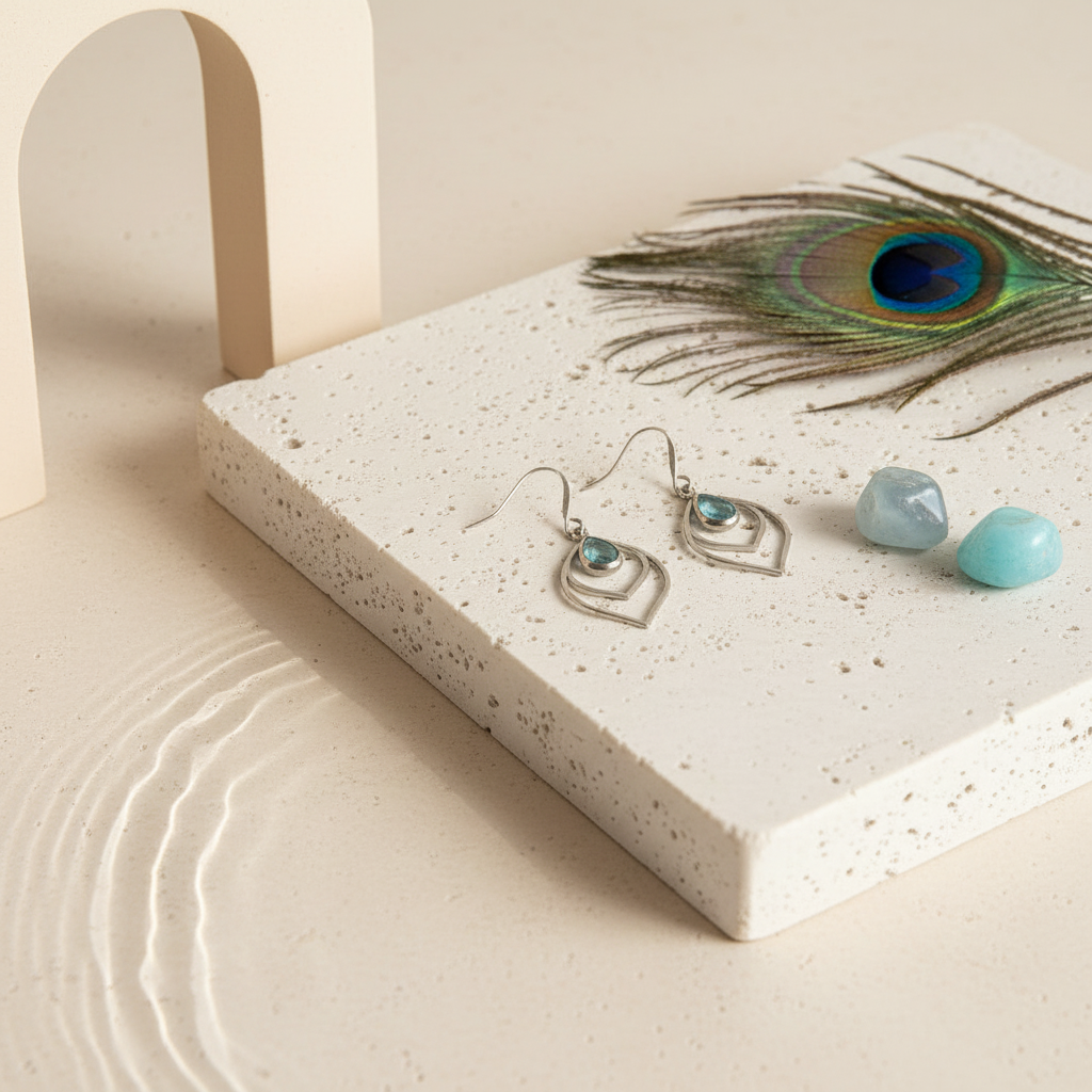 Aqua blue faceted glass teardrop earrings in silver, pair laid flat