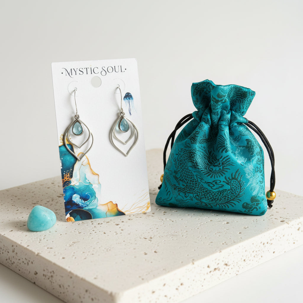 Aqua blue faceted glass teardrop earrings in silver on a Mystic Soul Jewelry card with gift bag