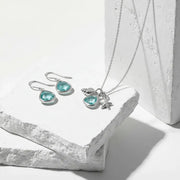Aqua glass mini drop necklace and earring set in silver, ocean charm jewelry