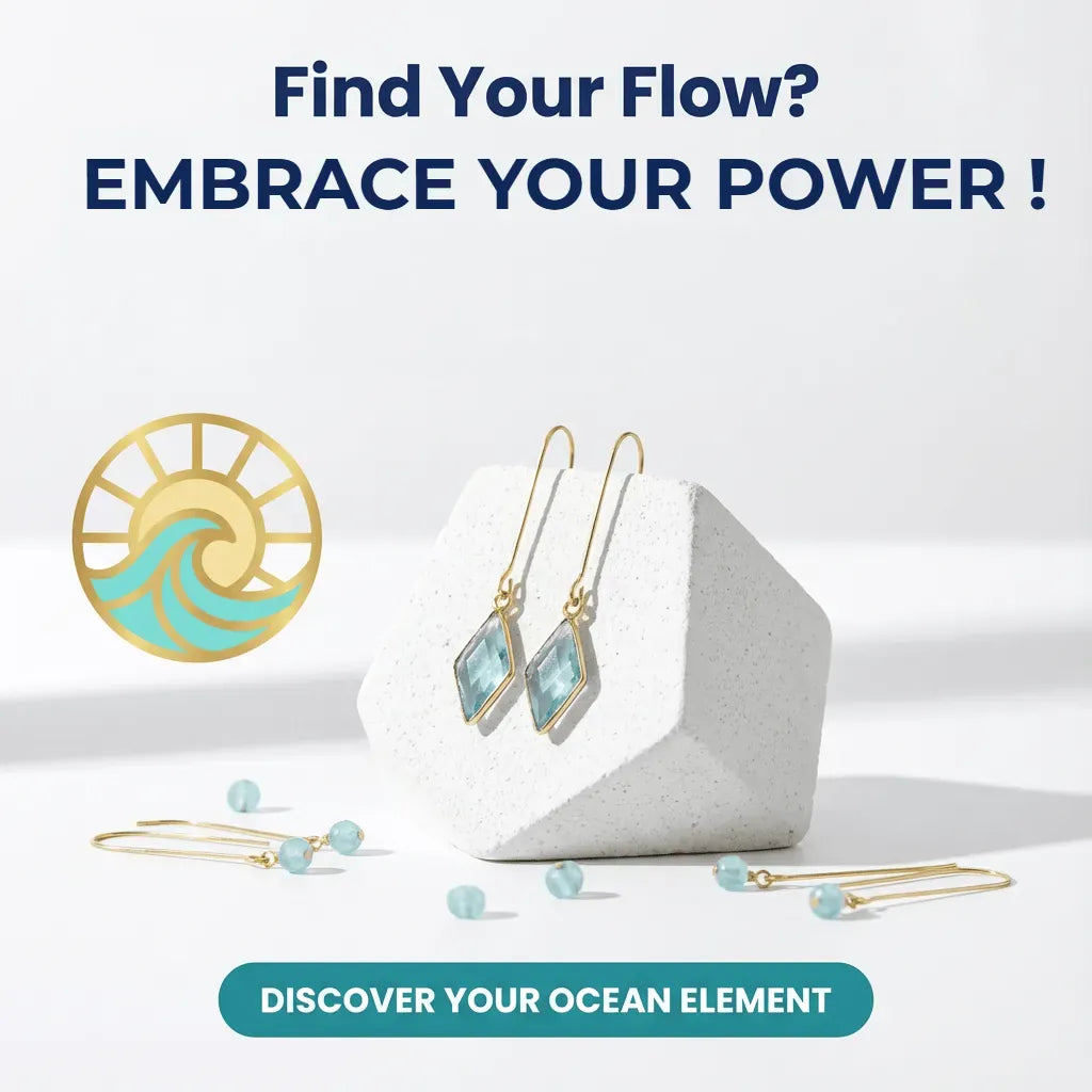 Gold earrings with blue gemstones on a white stand, accompanied by a wave symbol and text encouraging self-discovery.