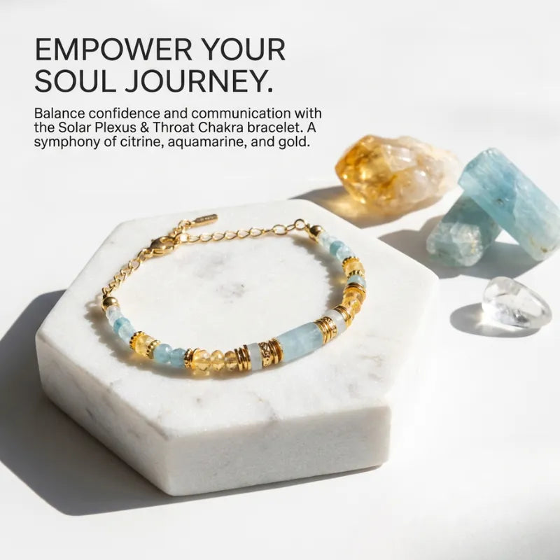 Bracelet with stones on a white surface with text about empowerment and chakras.