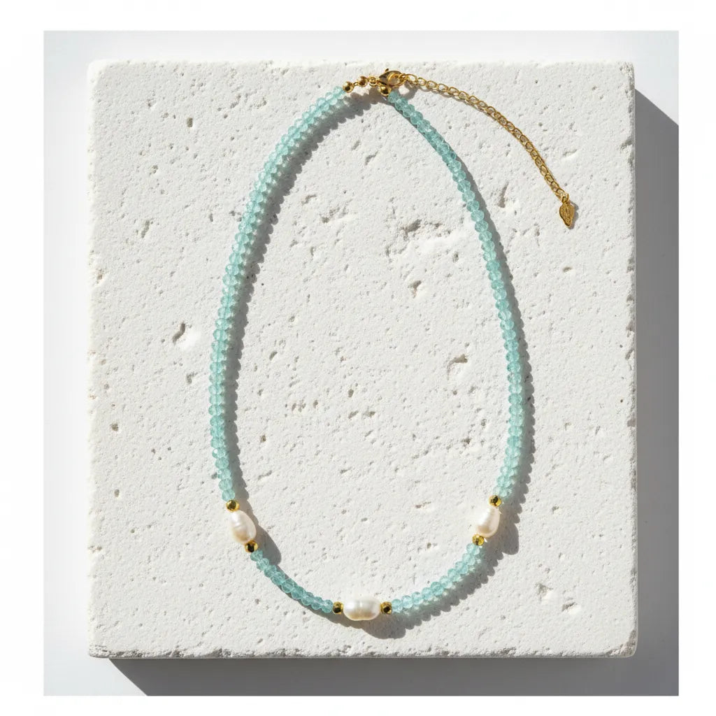 One-of-a-kind aquamarine and freshwater potato pearl necklace with gold-plated clasp by Mystic Soul Jewelry