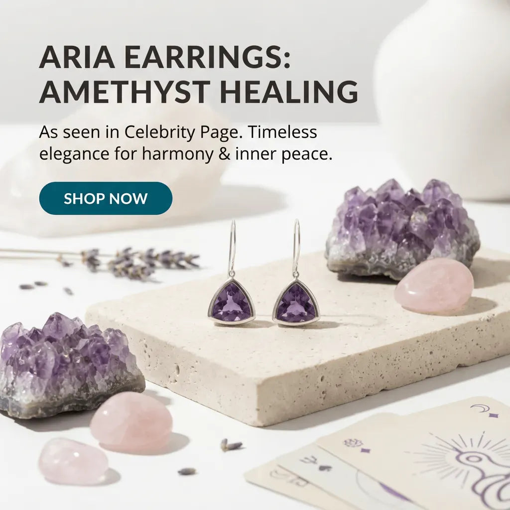 Aria earrings with amethyst stones on a display with crystals and cards, promoting harmony and inner peace.