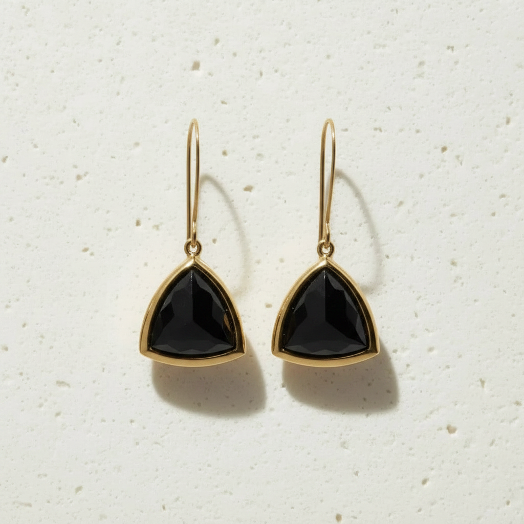 Gold Aria earrings with black faceted glass triangle drops