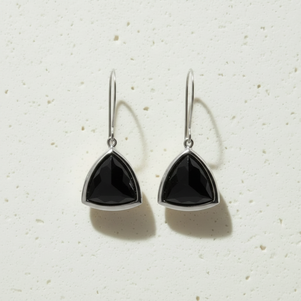 Silver Aria earrings with black faceted glass triangle drops