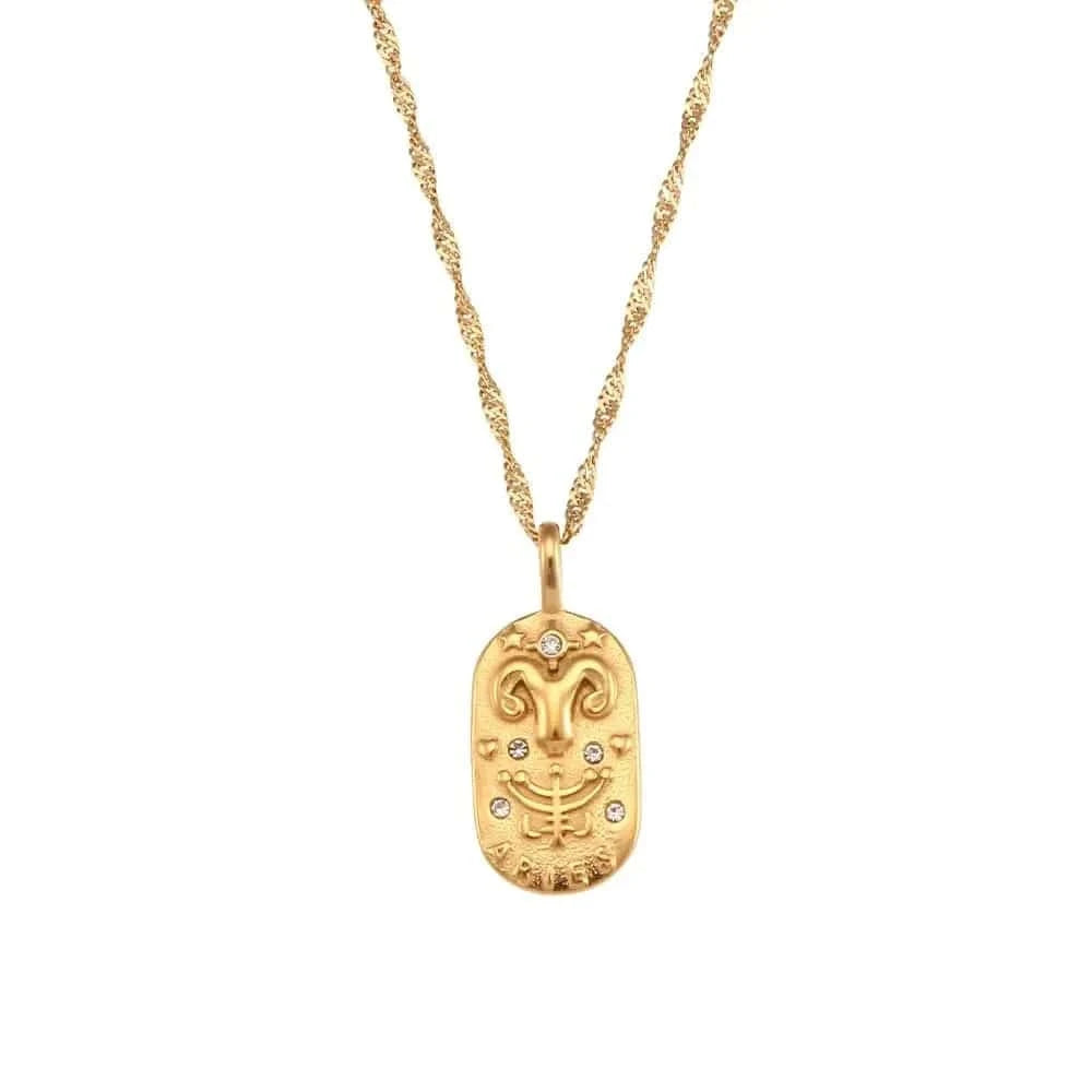 Gold necklace with a pendant on a white background