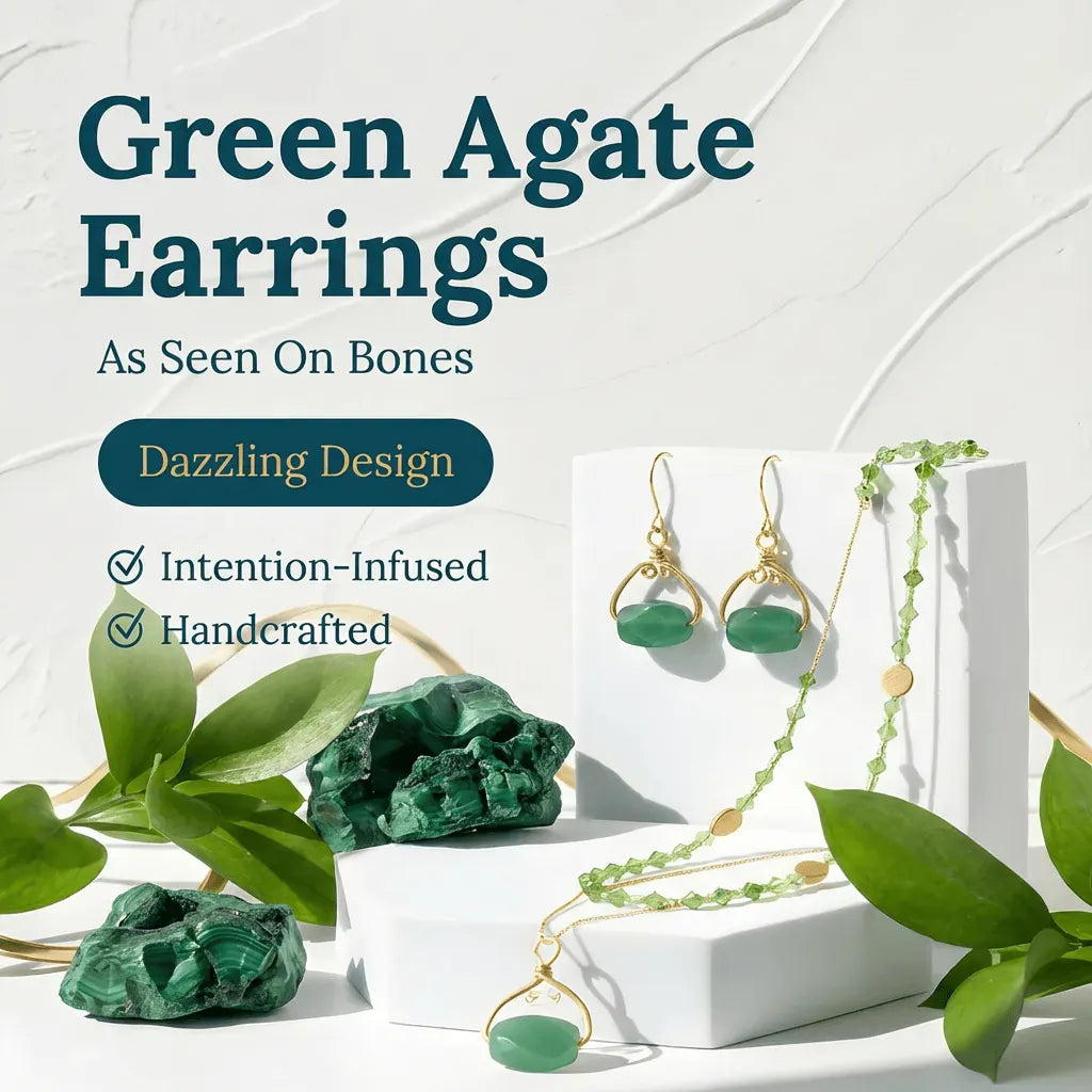 Green agate earrings displayed with green stones and leaves on a white background