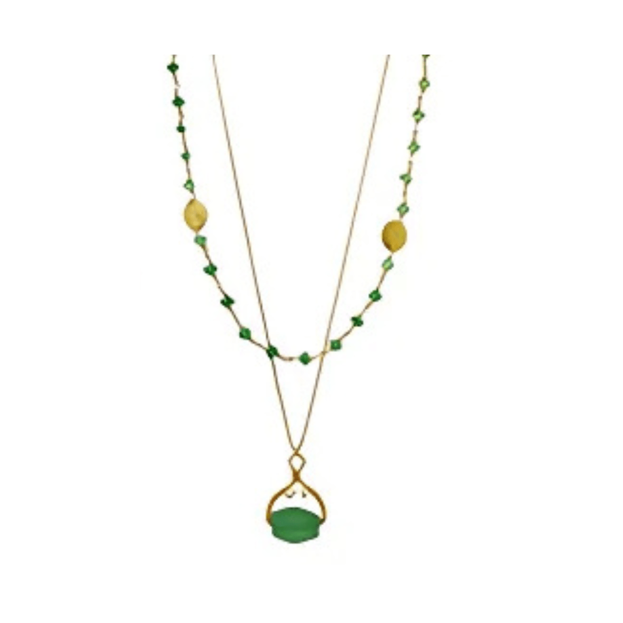 Green beaded necklace with a green pendant on a white background