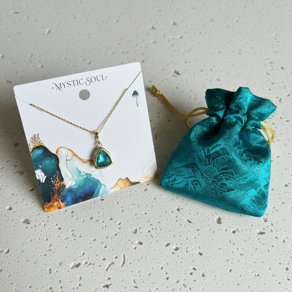 Gold Aqua Athena glass triangle pendant necklace with Mystic Soul gift bag and tag