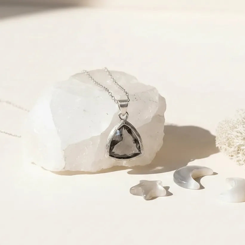 Silver dusk athena grey glass pendant necklace on crystals — celestial jewelry for calm