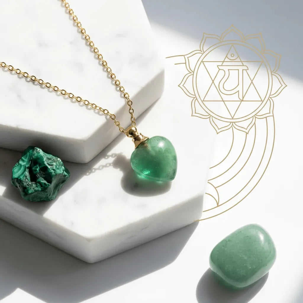 Green crystal necklace with heart-shaped pendant on a white surface, accompanied by green crystals.