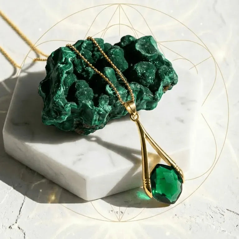 Gold necklace with green pendant on a green stone and marble surface
