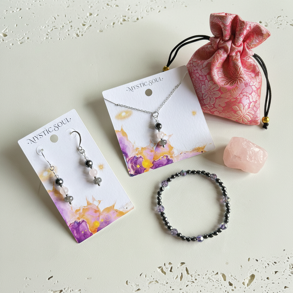 Pyrite, rose quartz and labradorite pieces with the Mystic Soul Jewelry bag tag, Canadian-designed spiritual jewellery