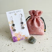 Labradorite, rose quartz and pyrite silver plated drop earrings presented on a Mystic Soul Jewelry gift card