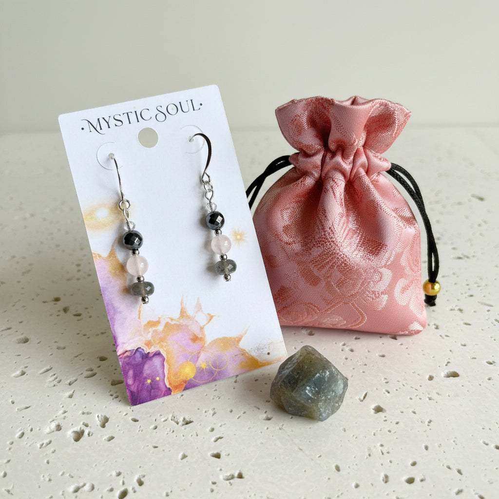 Labradorite, rose quartz and pyrite silver plated drop earrings presented on a Mystic Soul Jewelry gift card