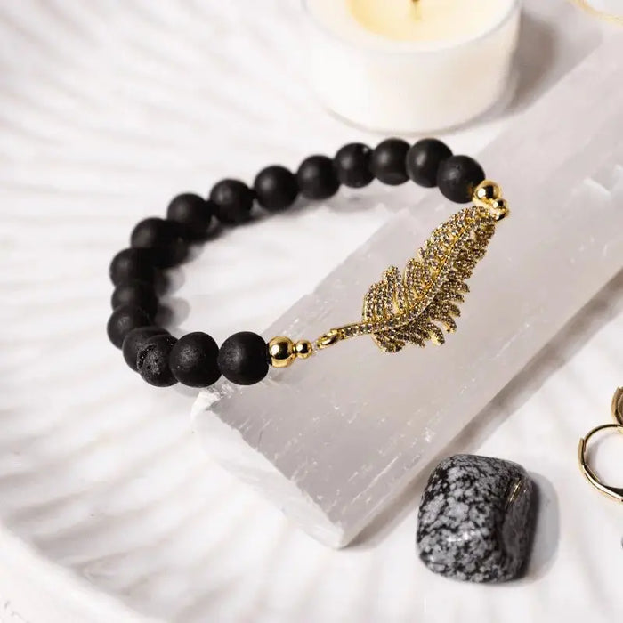 Beaded Stretch Leaf Bracelet - Druzy Black Agate - Mystic Soul Jewelry