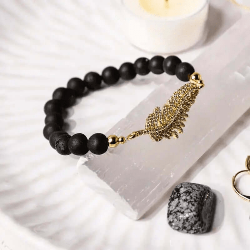 Beaded Stretch Leaf Bracelet - Druzy Black Agate - Mystic Soul Jewelry