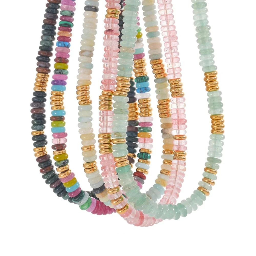 Set of colorful beaded necklaces with a brand logo at the bottom.