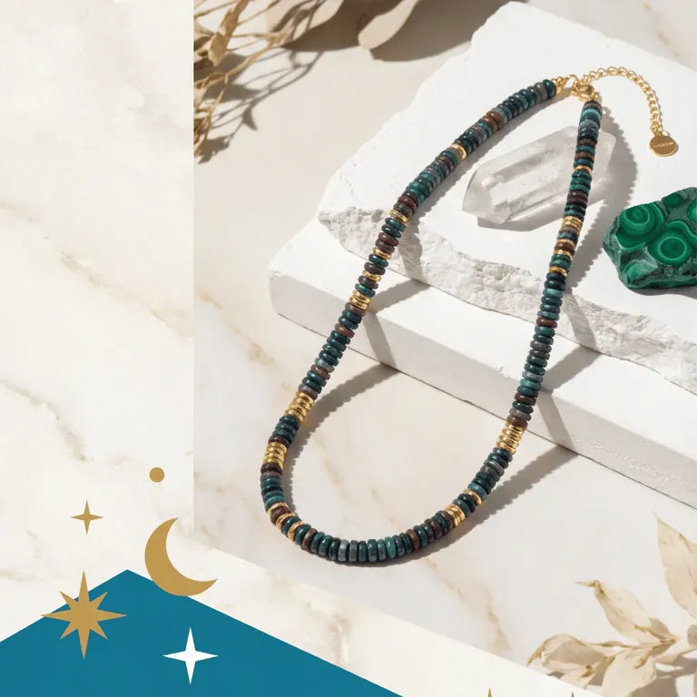 Necklace on a textured surface with decorative elements and promotional text for 'Mystic Soul Collection'.