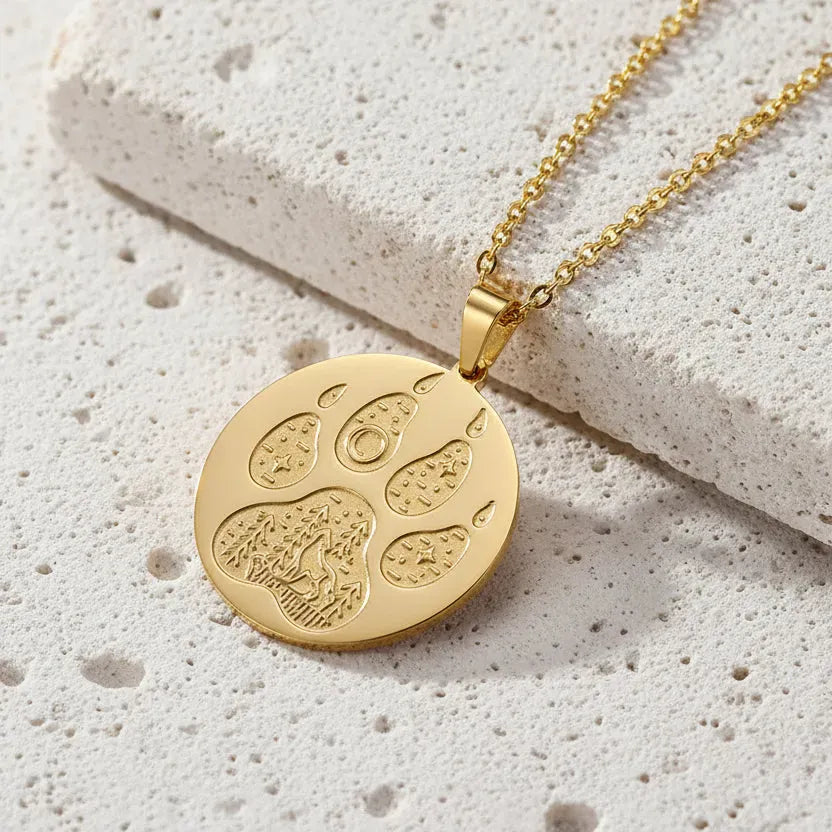 Gold necklace with a round pendant on a green and gray background