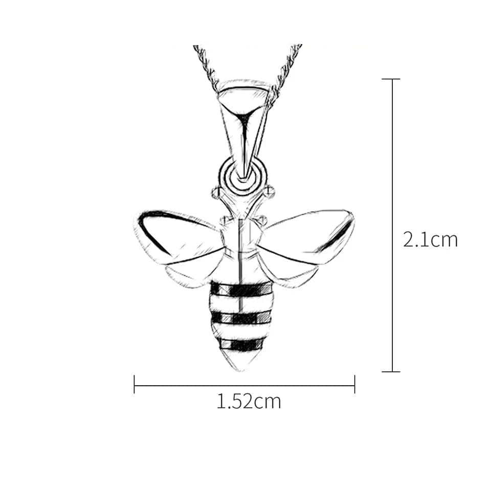 Bee-shaped pendant necklace with dimensions on a white background