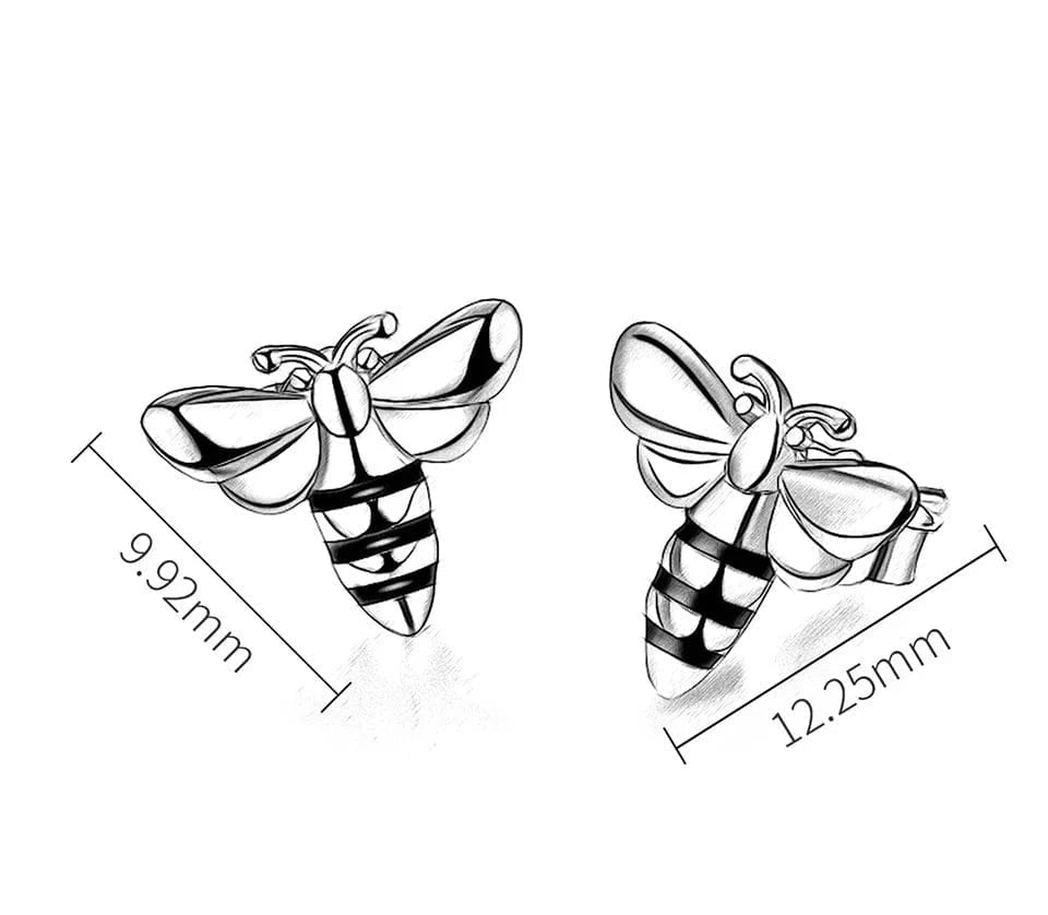 Bee-shaped earrings with dimensions labeled on a white background