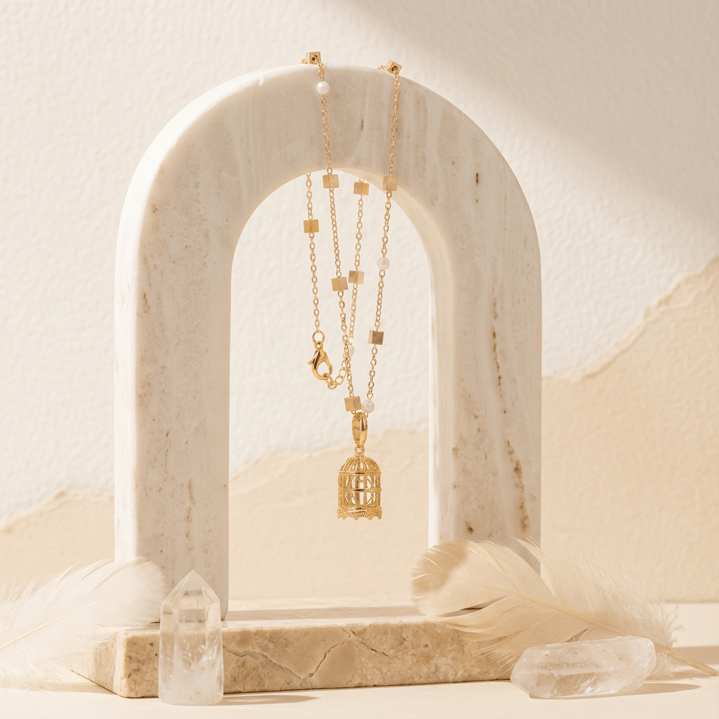 Gold necklace with a birdcage pendant on a marble arch