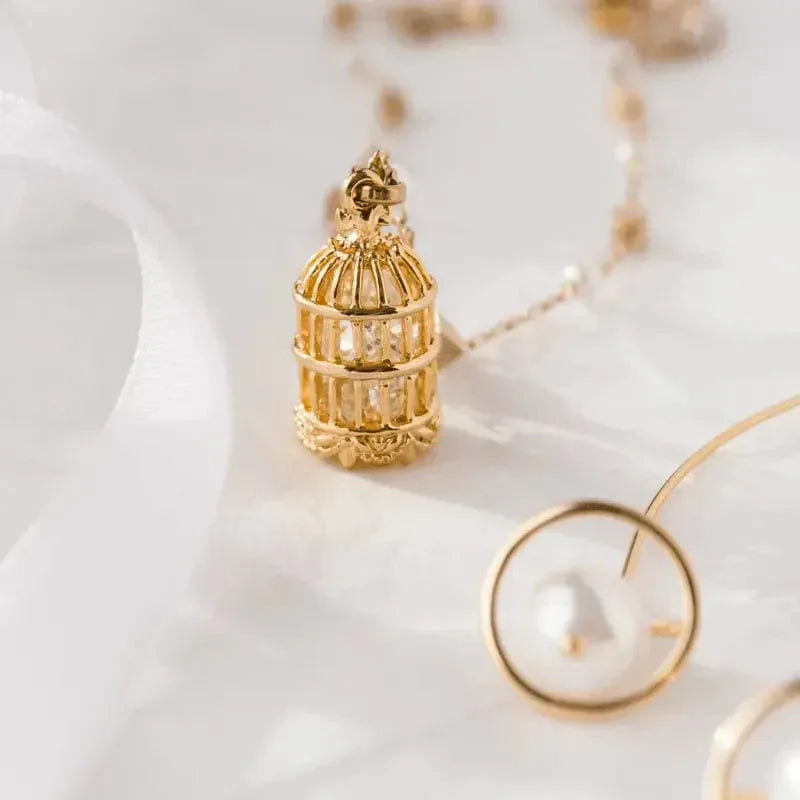 Gold birdcage pendant on a delicate chain against a white background