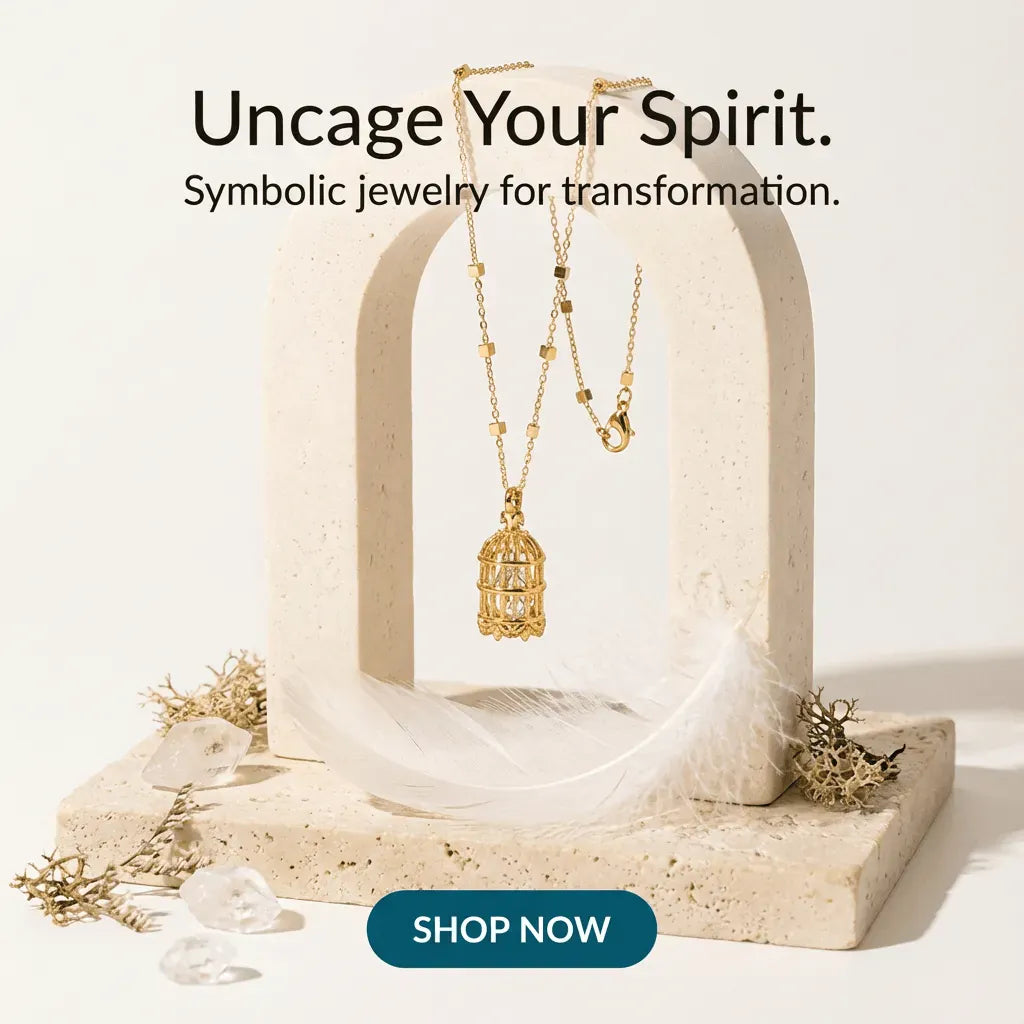 Gold necklace on a stone stand with text 'Uncage Your Spirit. Symbolic jewelry for transformation.' and 'SHOP NOW' button.