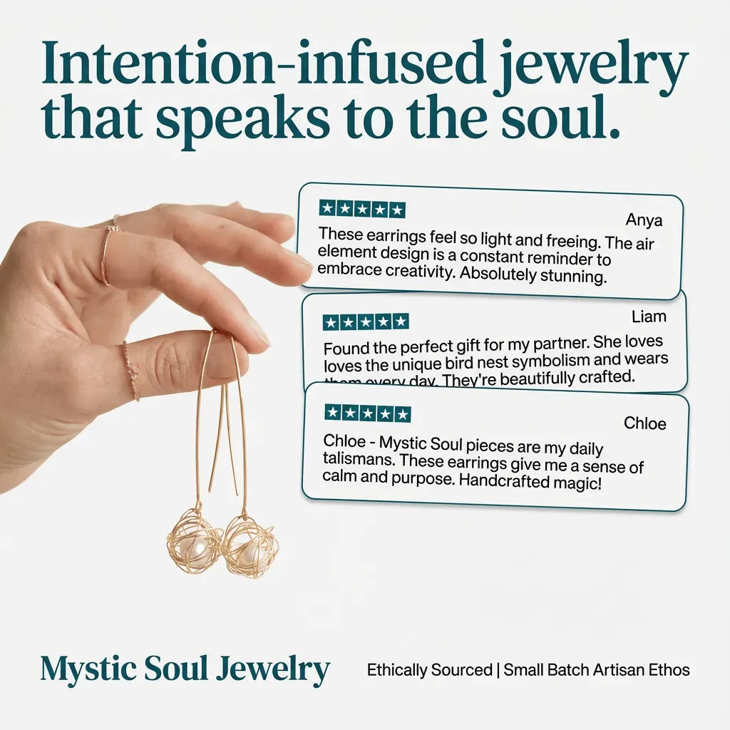 Hand holding jewelry with customer reviews on a white background, featuring the brand 'Mystic Soul Jewelry'.
