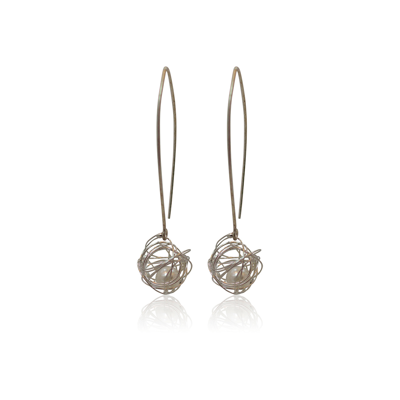 Pair of silver wire earrings on a white background
