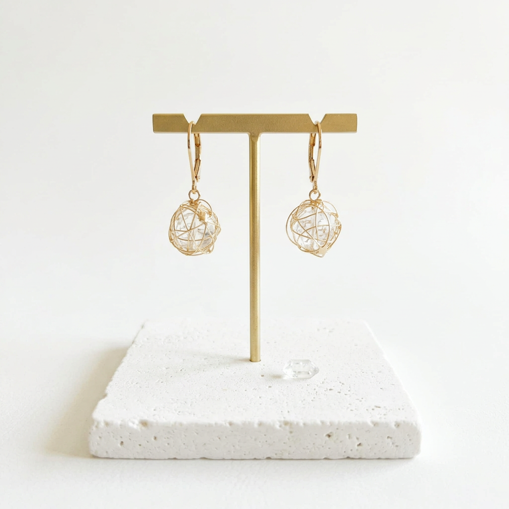 Gold bird nest leverback earrings with a floating crystal, air element jewellery