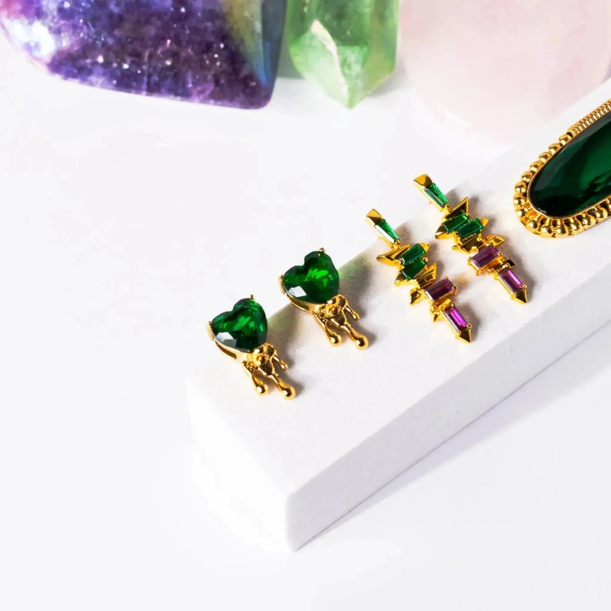 emerald green heart studs and spinel earrings