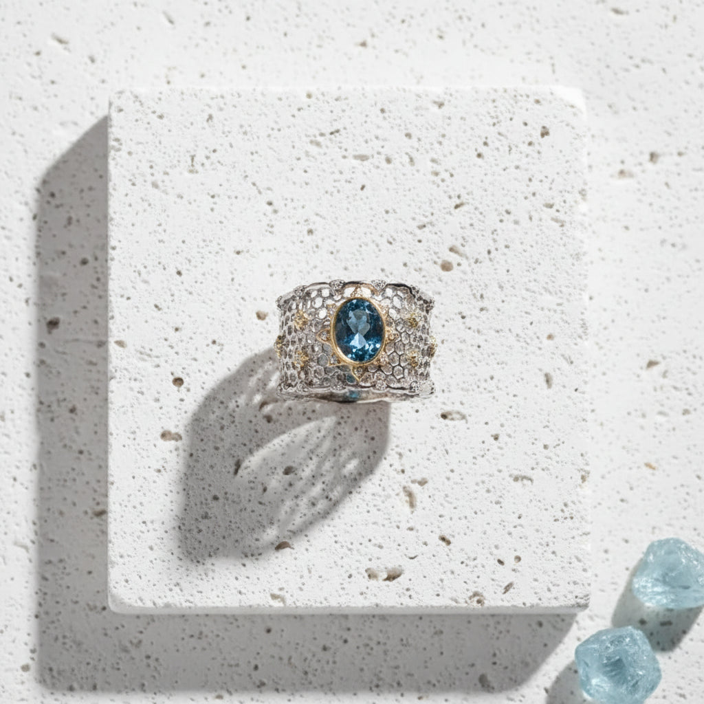 Blue CZ statement ring, adjustable openwork sterling silver band with gold accents