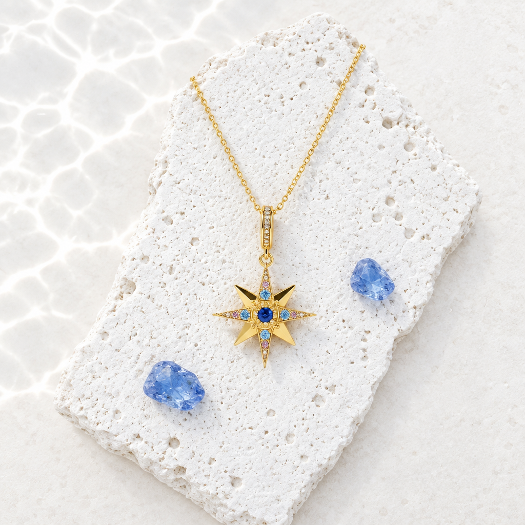 Small blue CZ star pendant in gold-plated 925 sterling silver