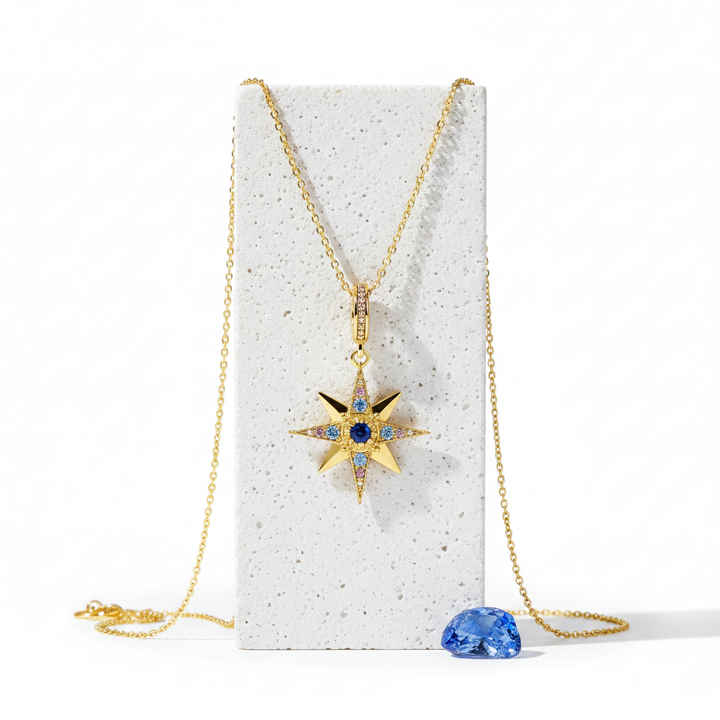 Blue star charm pendant in gold-plated 925 sterling silver, set with blue cubic zirconia