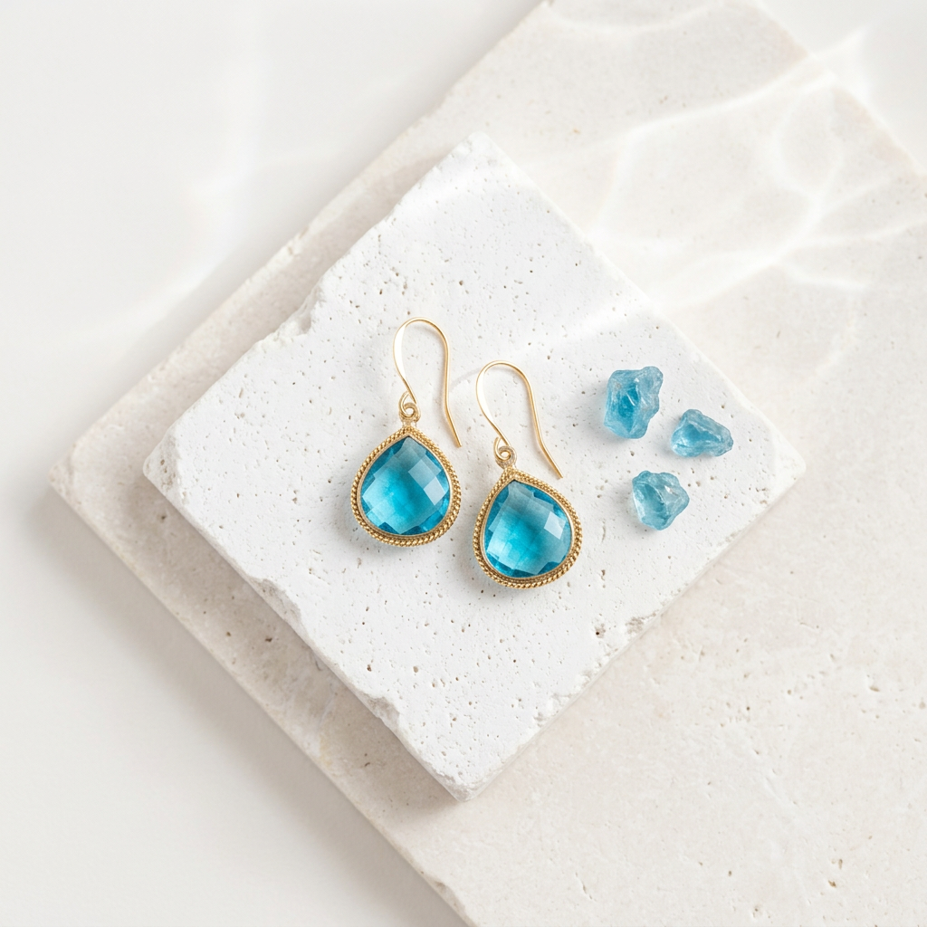 Faceted blue topaz pear earrings in gold plate with detailed metal edge