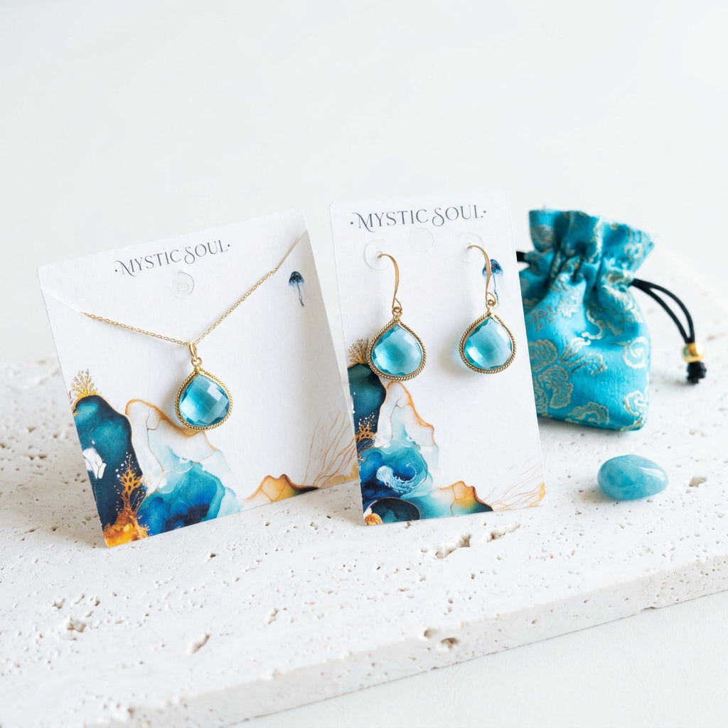Blue topaz pear necklace and earrings on Mystic Soul cards with teal gift pouch