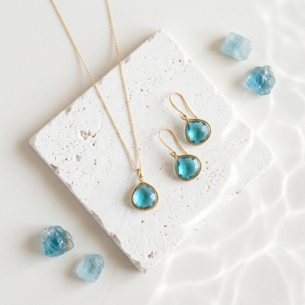 Faceted blue topaz pear necklace and matching earrings in gold plate, December birthstone set