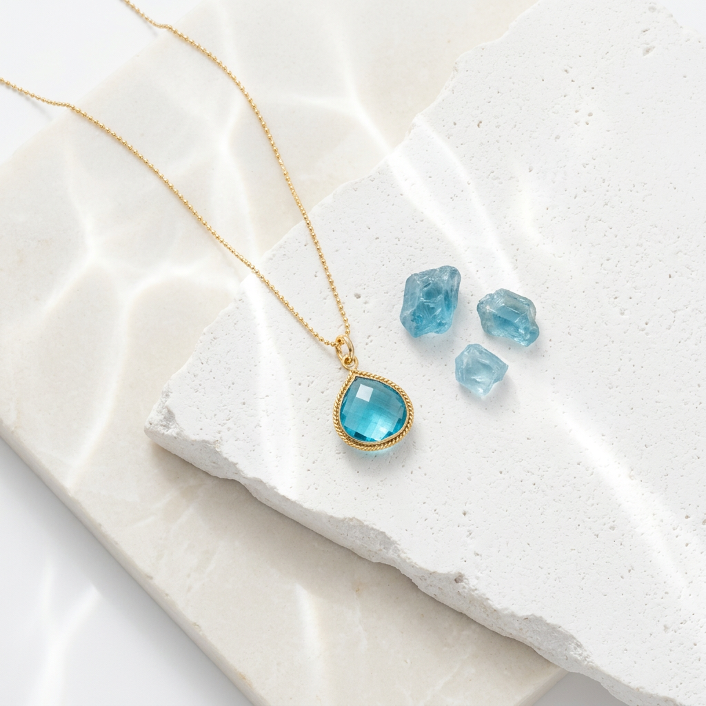 Blue topaz pear pendant necklace in gold plate, December birthstone