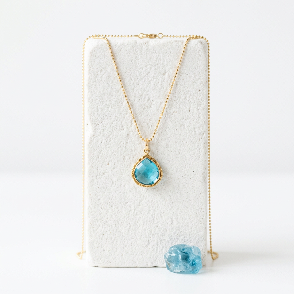 Gold-plated pendant necklace with a 14 mm faceted blue topaz pear