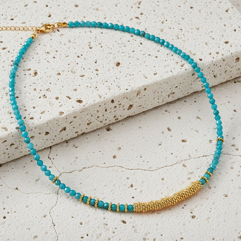 Handmade semi-precious stone beaded choker necklaces in chakra colours — turquoise, black, brown, green and gold