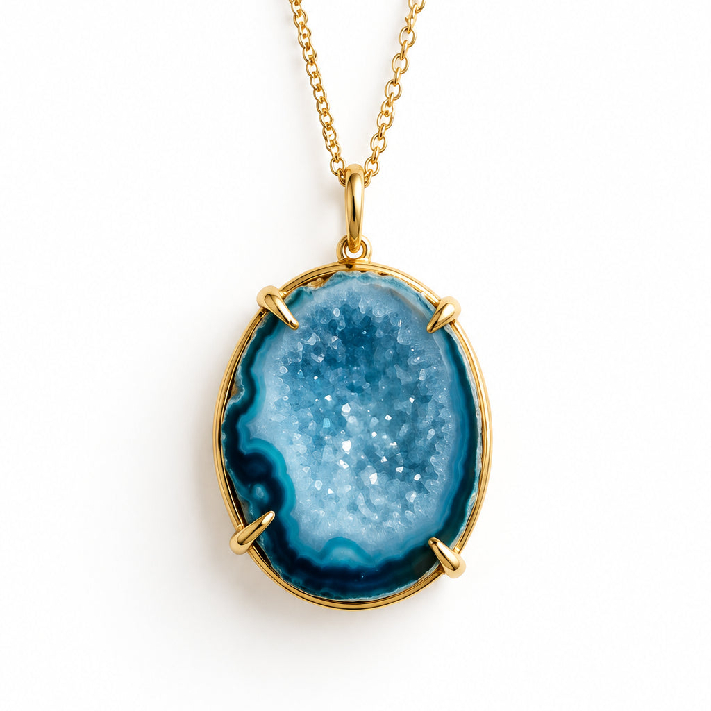 Front view of the free-form blue druzy agate pendant on a gold-plated chain
