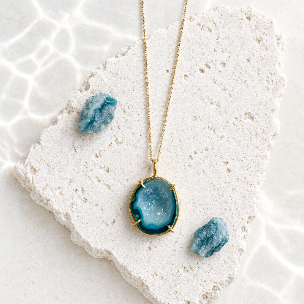 Blue druzy agate pendant necklace, a free-form stone in a gold-plated bezel, lying on white stone beside raw blue crystals
