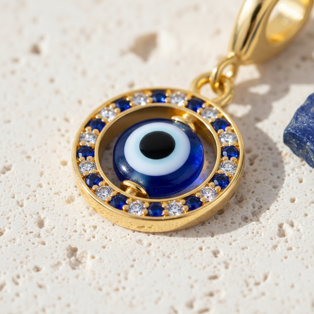 Close-up of a blue and gold floating evil eye pendant