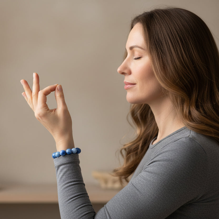 Blue beaded bracelet on a white surface with volcanic rocks