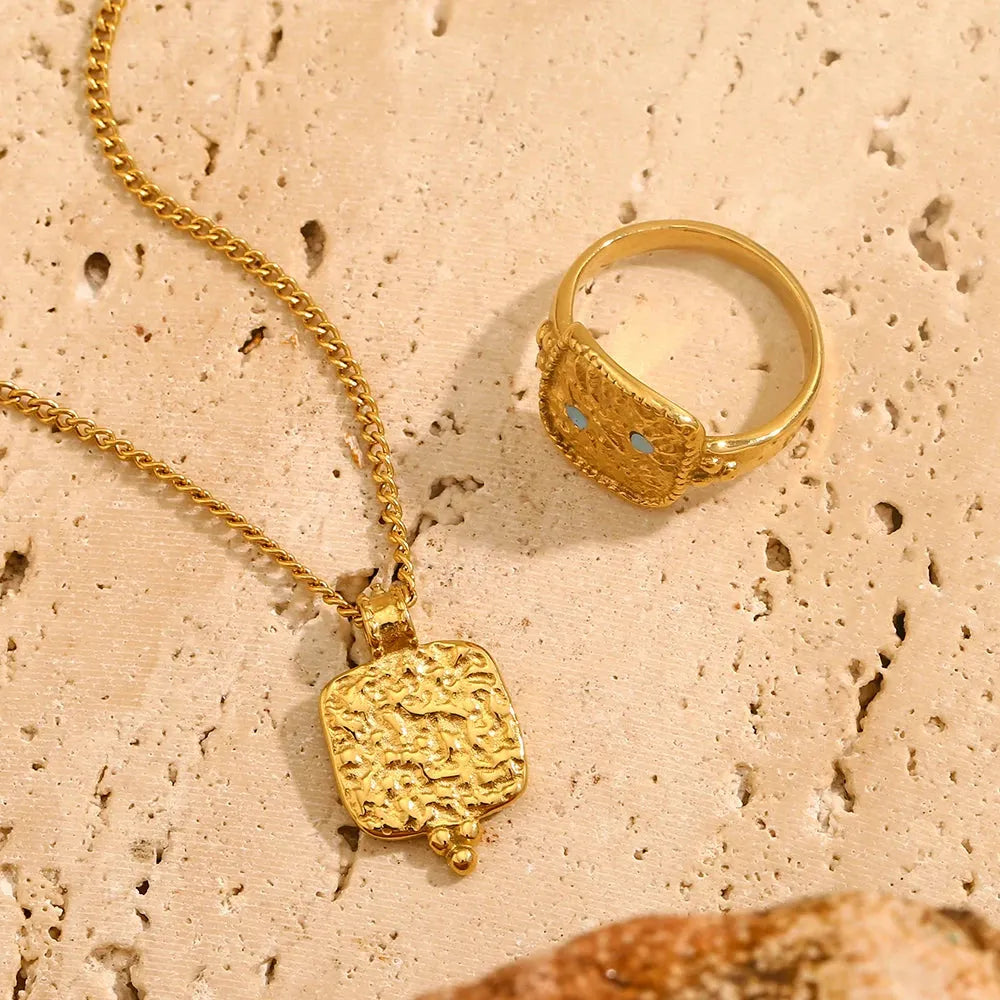 Hammered gold stainless steel sun pendant necklace with crescent moon