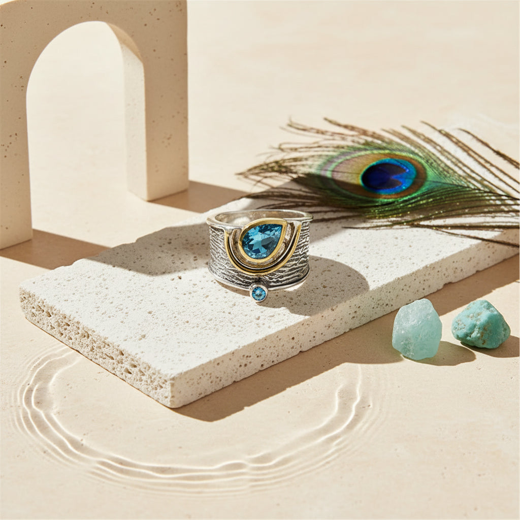 Blue pear-cut two-tone statement ring beside a peacock feather — wide textured band ring